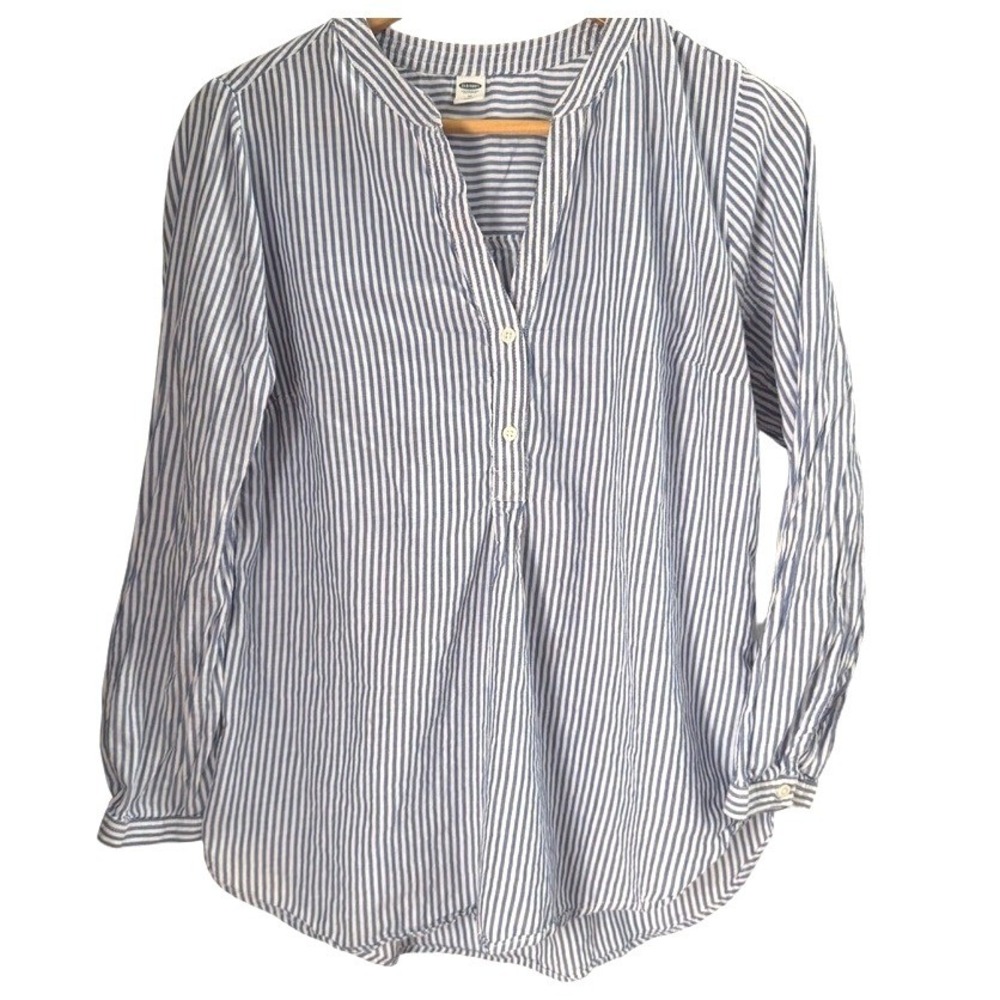 Old Navy Striped Tunic M Women Shirt Blue White Cotton Coastal Grandmother Beach